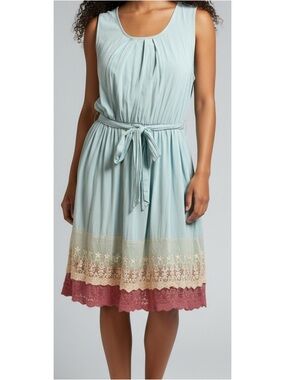 Poema Small Blue White & Pink Sleeveless Floral Lace detail Belted Dress